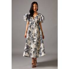 Midi Dresses - Silver Coast V Neck Flutter Sleeve Jacquard Midi Dress - Silver