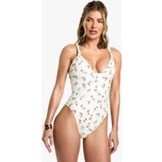 White Swimsuits boohoo Womens Printed Knotted Swimsuit - White