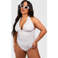 Beige - Women Swimsuits boohoo Womens Plus Plunge Stripe Curve Enhancing Swimsuit - Beige
