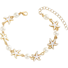Shein 1pc Summer Ocean-Inspired Alloy Glazed Shiny Starfish & Faux Pearl Combination Anklet, Handmade Jewelry Suitable For Daily, Beach, Party, Date, Travel