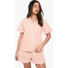 Orange Sleepwear boohoo Womens Gingham Ruffle Detail Short Sleeve Shirt & Shorts Pyjama Set - Orange