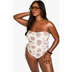 Beige - Women Swimsuits boohoo Womens Plus Celestial Print Ruched Bandeau Swimsuit - Beige