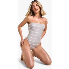 Beige - Women Swimsuits boohoo Womens Petite Swimwear Essentials Stripe Bandeau Swimsuit - Beige