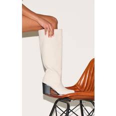 Beige High Boots PrettyLittleThing Faux Suede Square Toe High Block Heel Knee Boots - White