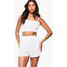 White - Women Pyjamas boohoo Womens Bridal Textured Cheesecloth Ruffle Detail Cami Top & Shorts Pyjama Set - White