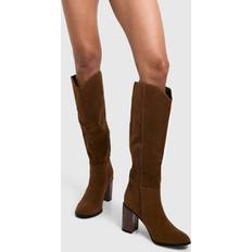 Beige High Boots boohoo Womens Faux Suede Wooden Stack Heel Detail Knee High Boot - Beige