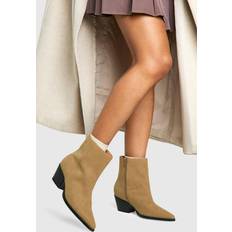 Beige Boots boohoo Womens Wide Fit Nubuck Low Block Ankle Western Boots - Beige