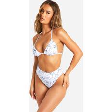 White Bikini Sets boohoo Womens Porcelain Print Triangle Bikini Top and High Waist Bikini Bottoms Set - White