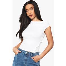 boohoo Womens Ribbed Asym Popper One Shoulder Top - White