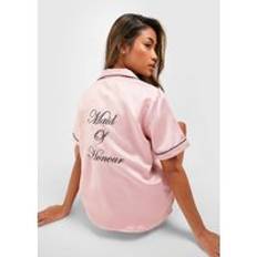 Silver Sleepwear boohoo Womens Maid Of Honour Satin Embroidered Short Sleeve Shirt & Shorts Pyjama Set - Pink