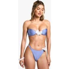 Florals Bikini Sets boohoo Womens Orchid Flower Trim Bandeau Bikini Top & Tanga Bikini Bottoms Set - Blue