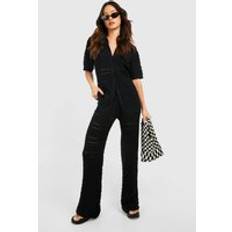 Women Suits boohoo Womens Tall Knitted Shirt And Wide Leg Trouser Co-Ord - Black