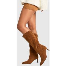 Beige - Stiletto Boots boohoo Womens Faux Suede Curved Stiletto Knee High Boots - Beige