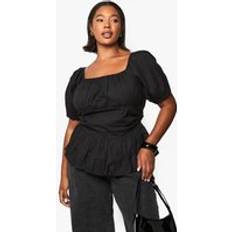 boohoo Womens Plus Cotton Puff Sleeve Blouse - Black