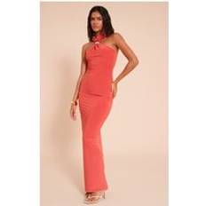 PrettyLittleThing Slinky Halterneck Trim Detail Maxi Dress - Orange