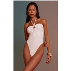 White Swimsuits PrettyLittleThing Cream Triangle Trim Halter Neck Swimsuit - White