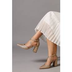 Coast Wide Fit Treat Cross Strap Pointed Block Heel Court Shoes - Gold