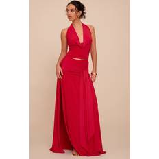Red Skirts PrettyLittleThing Double Layer Slinky Knot Drape Maxi Skirt - Tomato Red