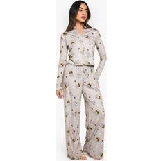 Brown - Women Sleepwear boohoo Womens Coffee Print Bow Detail Long Sleeve Top & Trousers Pyjama Set - Beige