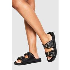 Black Slides boohoo Womens Wide Fit Whipstitch Detail Double Strap Footbed Slider - Black