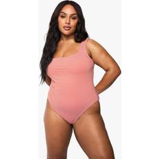 boohoo Womens Plus Seersucker Stripe Scoop Neck Swimsuit - Red