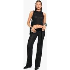 Sequins Trousers boohoo Womens Sequin Knit Sheer Wide Leg Knitted Trouser - Black