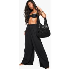 Women Trousers boohoo Womens Crinkle Cotton Beach Trousers - Black