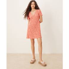 A-Line Dresses - Red Mango V Neck Mini Tea Dress - Red Floral Print