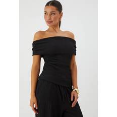 Misspap Crinkle Textured Off Shoulder Top - Black