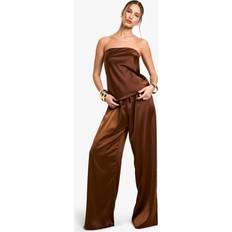 Women Suits boohoo Womens Satin Longline Bandeau & Drawstring Waist Wide Leg Trouser Set - Brown