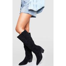 boohoo Womens Casual Faux Suede Knee High Western Cowboy Boots - Black