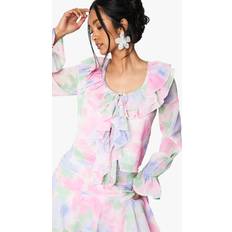 boohoo Womens Floral Chiffon Ruffle Blouse - Pink