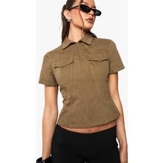 Zipper Shirts boohoo Womens Pocket Detail Zip Trough Twill Fitted Shirt - Green