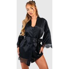 Women Robes boohoo Womens Satin Lace Trim Robe - Black