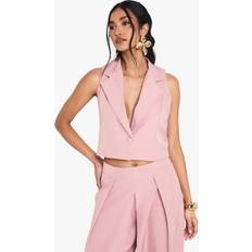 Pink - Women Vests boohoo Womens Linen Look Tailored Cropped Waistcoat - Pink