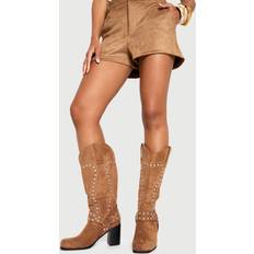 Brown High Boots boohoo Square Toe Stud Western Boots - Brown