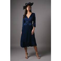 Coast Womens Satin Bodice Sleeve Pleat Skirt Belted Midi Wedding Guest Dress - Navy