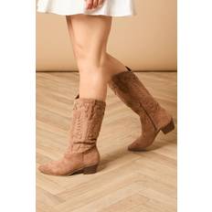 Beige - Women High Boots Oasis Liana Faux Suede Studded Western Knee-High Cowboy Boots - Beige
