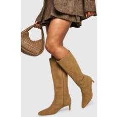 Beige Boots boohoo Womens Wide Fit Nubuck Knee High Low Heeled Boots - Beige