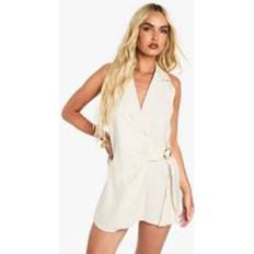 Women Jumpsuits & Overalls on sale boohoo Womens Linen Look Buckle Detail Tie Waist Tailored Skort Playsuit - Beige