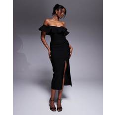 Bengaline Frill Bardot Side Split Midi Dress - Black