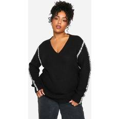 V-Neck Jumpers boohoo Plus Premium Contrast Trim V Neck Longline Jumper - Black