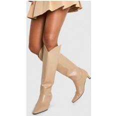 Synthetic High Boots boohoo Womens Croc Low Heel Knee High Boots - Beige