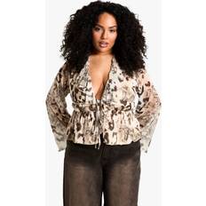 Boat Neck Blouses boohoo Womens Plus Ruffle Tie Detail Flared Sleeve Top - Beige