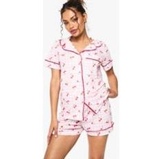 Checkered - Women Sleepwear boohoo Womens Cherry Print Gingham Piping Detail Short Sleeve Shirt & Shorts Pyjama Set - Pink