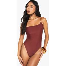 boohoo Womens Resin Stone One Shoulder Swimsuit - Brown