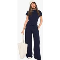 Blue - Women Suits boohoo Womens Crinkle Rib Button Through Cap Sleeve Top And Trouser Set - Navy