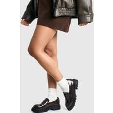 Brown - Women Loafers boohoo Womens Wide Fit Patent Detail Chunky Loafers - Brown