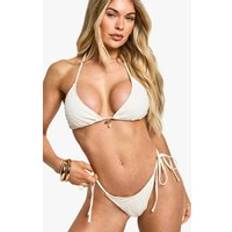 Beige - Women Bikini Sets boohoo Womens Gingham Seersucker Pearl Trim Triangle Bikini Top & Tie Side Bikini Bottoms Set - Beige