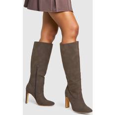 Brown Boots boohoo Womens Wide Fit Nubuck Low Heel Knee High Boots - Brown